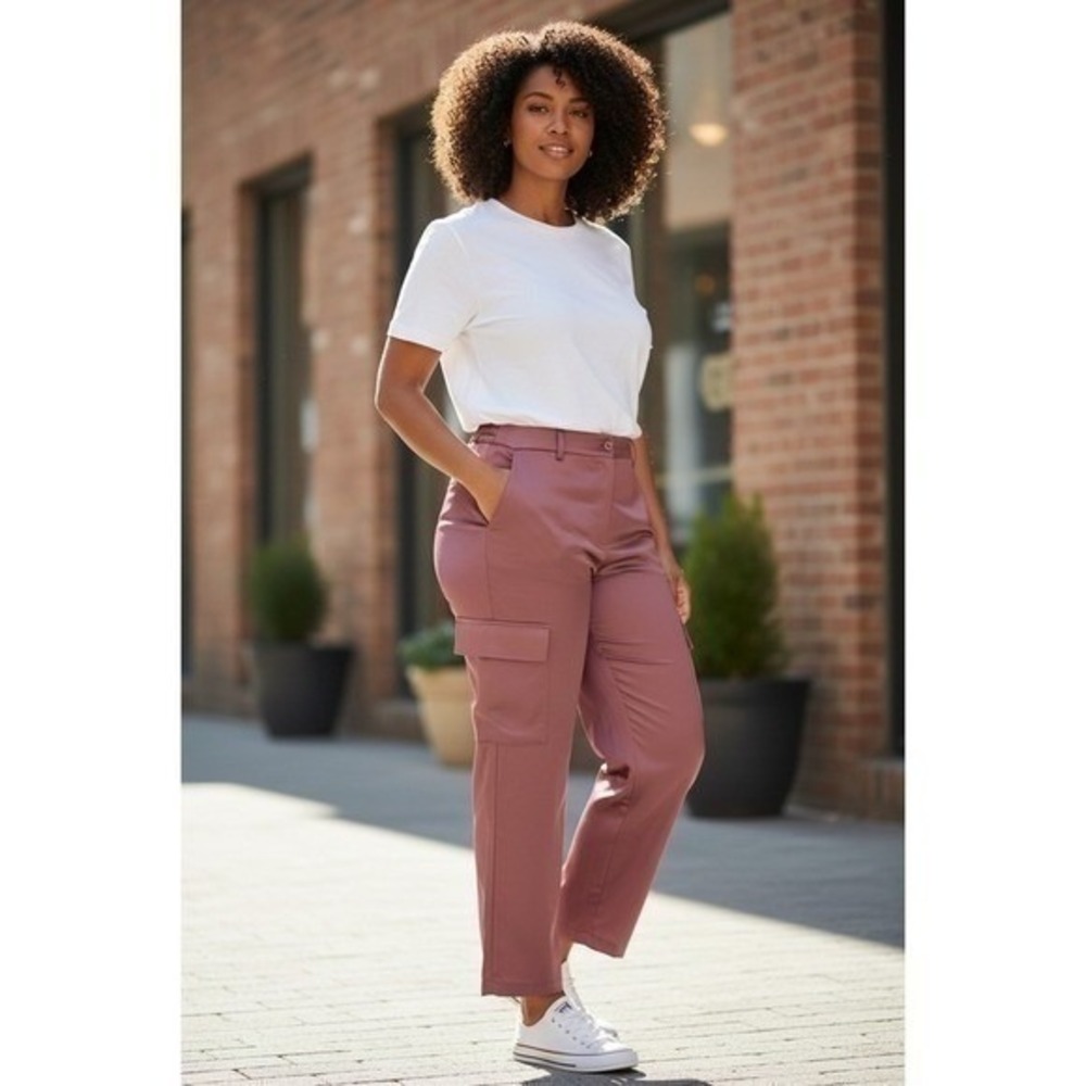 NWT Michael Michael Kors Dusty Rose‎ Satin Wide Leg Cargo Pants Women's L Large